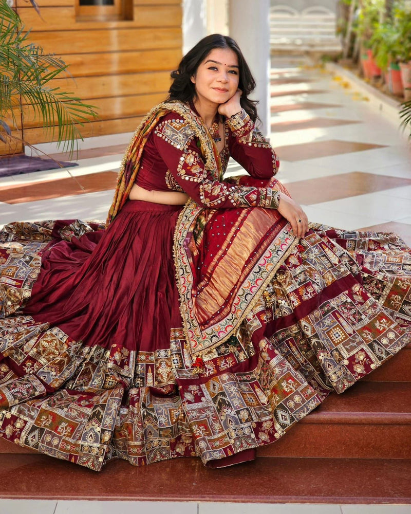 Red Color Mirror Work Digital Printed Cotton Lehenga Choli