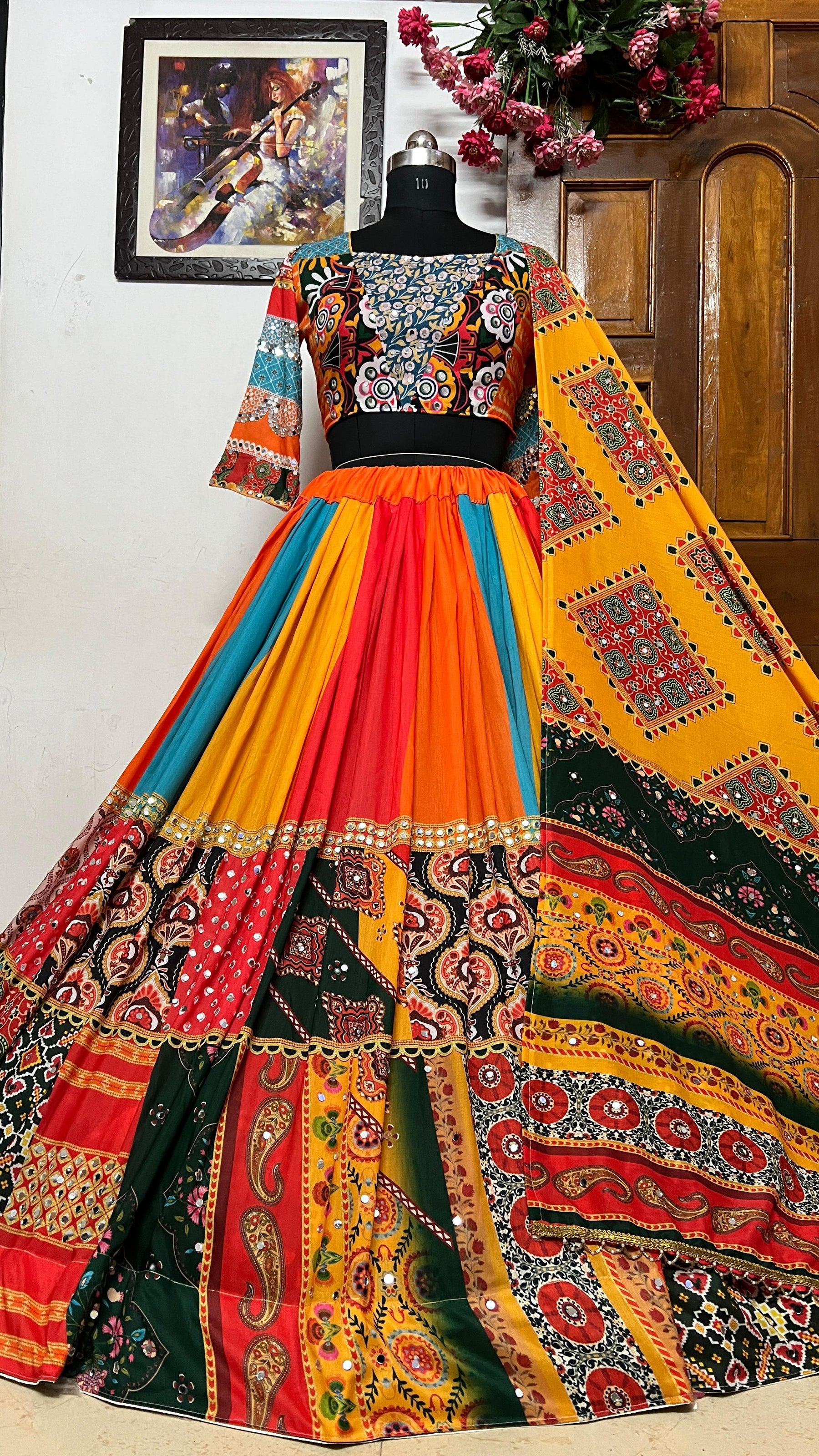 Geeta Rabari Wear Multi Color Digital Printed Mirror Work Muslin  Lehenga Choli