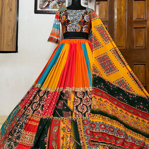 Geeta Rabari Wear Multi Color Digital Printed Mirror Work Muslin  Lehenga Choli