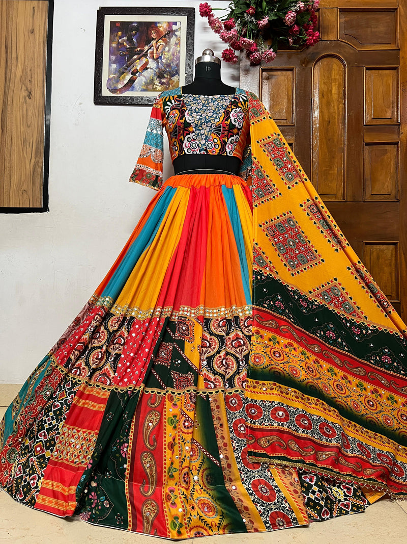 Geeta Rabari Wear Multi Color Digital Printed Mirror Work Cotton Lehenga Choli