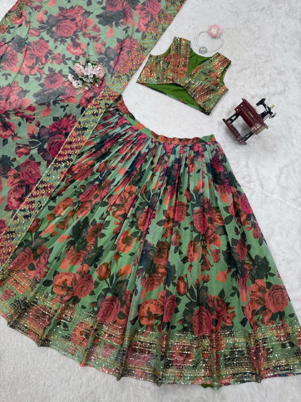 Green Color  with Digital Printed Thread with Sequins Work Lehenga Choli