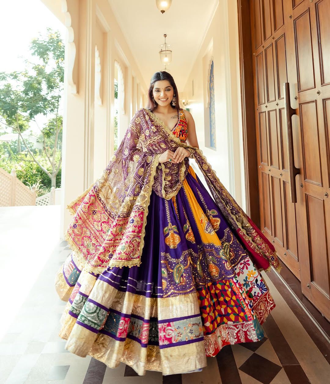 Purple Color Trendy Mirror Work Printed Hit Navratri Chaniya Choli