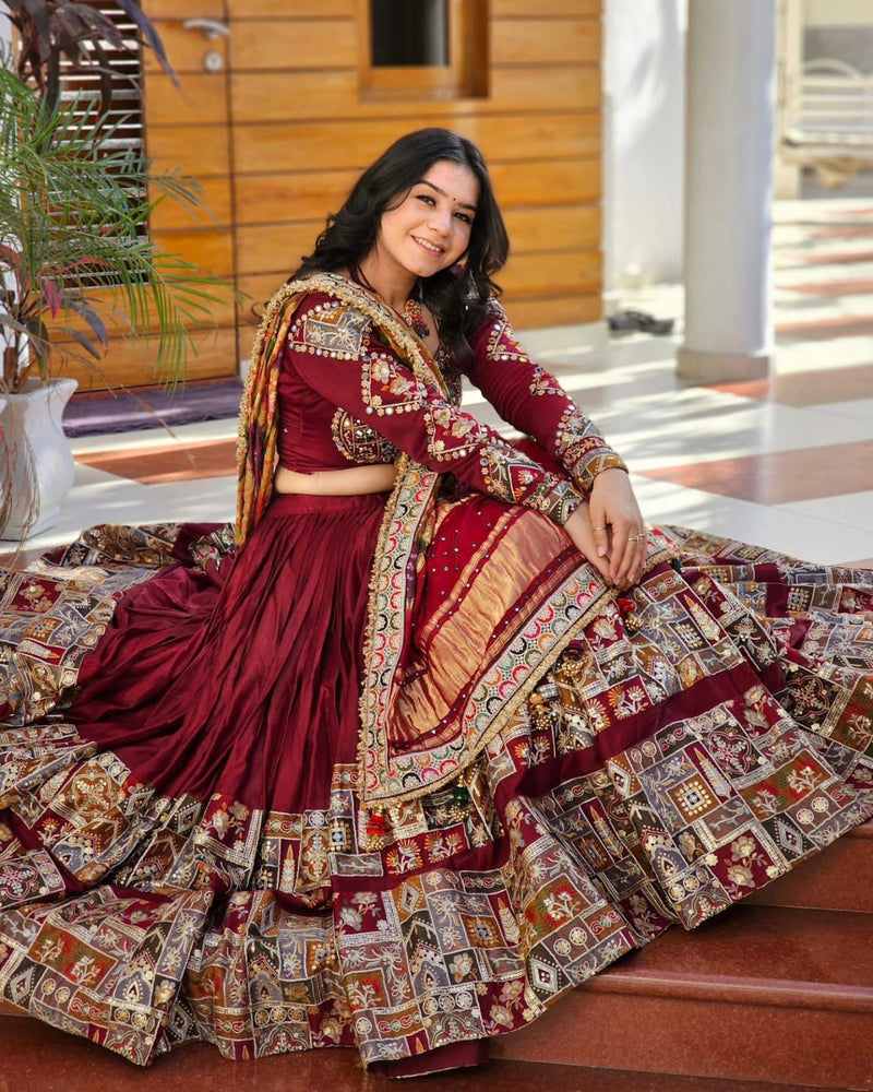 Red Color Mirror Work Digital Printed Cotton Lehenga Choli