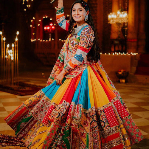 Geeta Rabari Wear Multi Color Digital Printed Mirror Work Muslin  Lehenga Choli