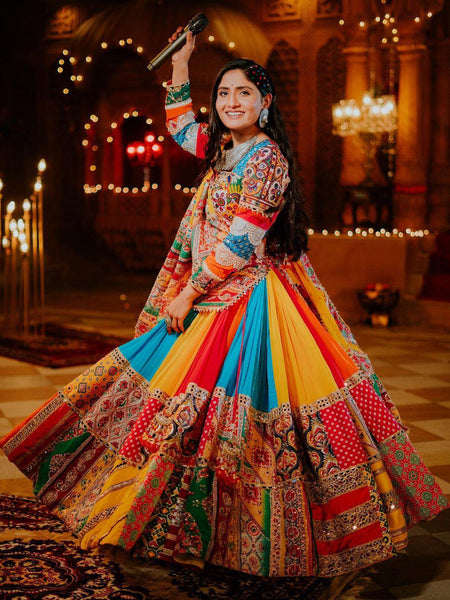 Geeta Rabari Wear Multi Color Digital Printed Mirror Work Muslin  Lehenga Choli
