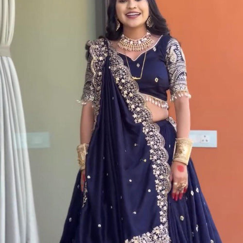 Navy Blue Color Heavy Thread with Sequins Work  Designer Lehenga Choli