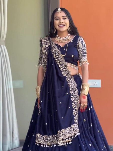 Navy Blue Color Heavy Thread with Sequins Work  Designer Lehenga Choli