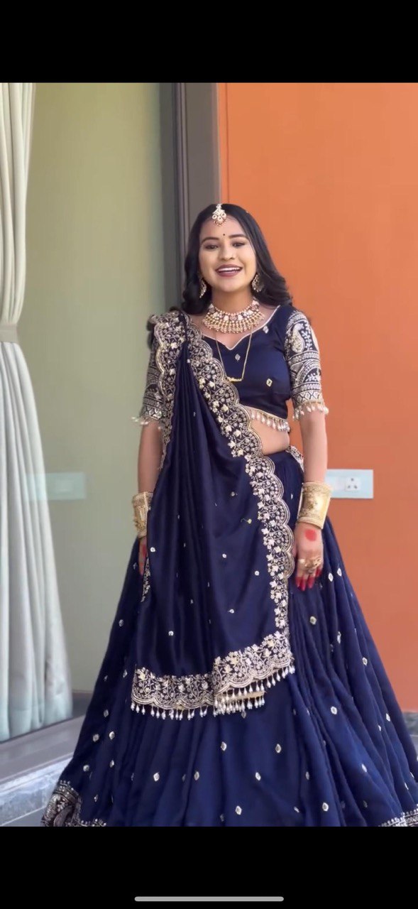 Navy Blue Color Heavy Thread with Sequins Work  Designer Lehenga Choli