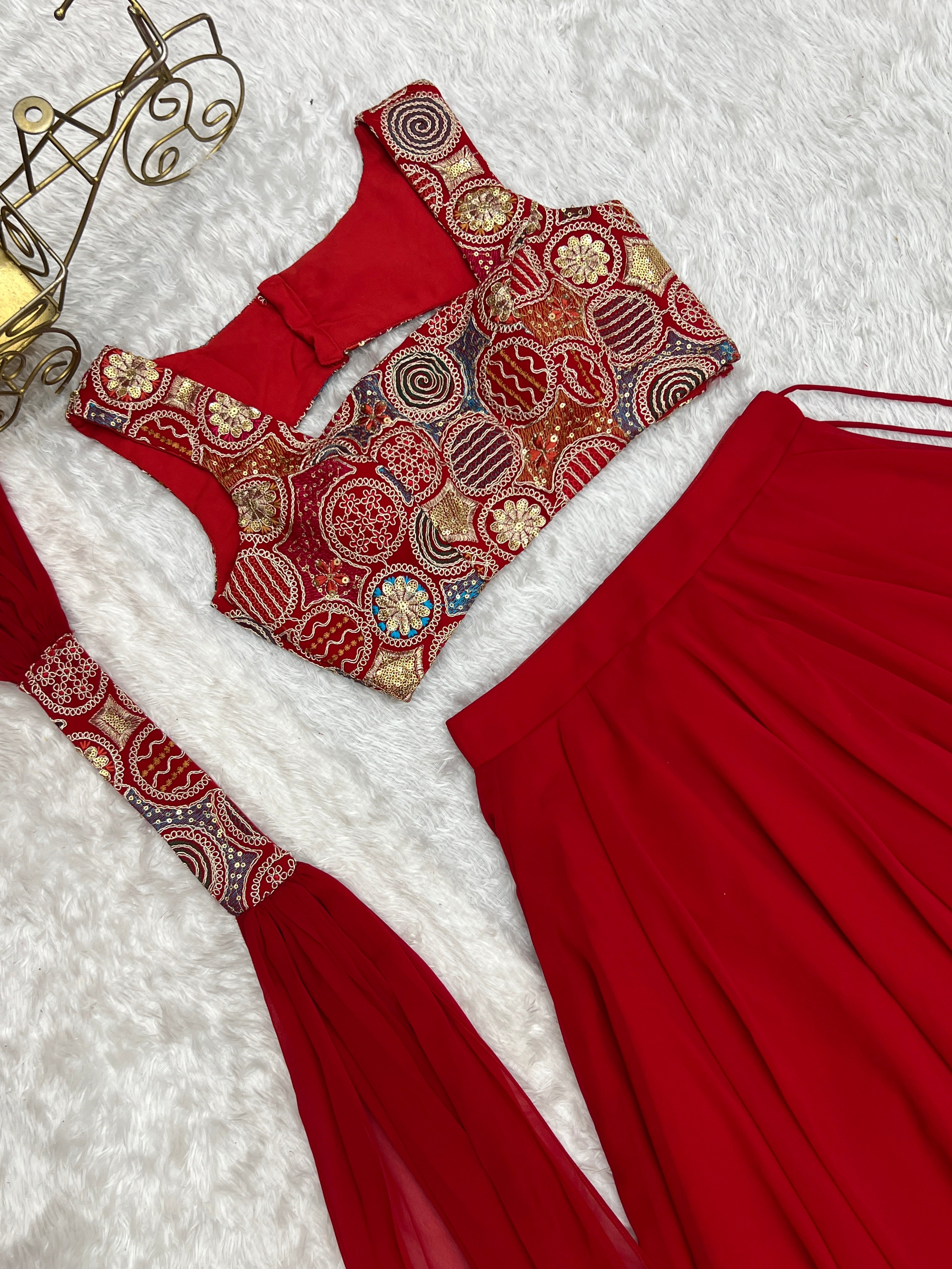 Red Color Embroidery Sequins work Georgette Lehenga Choli
