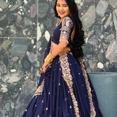 Navy Blue Color Heavy Thread with Sequins Work  Designer Lehenga Choli