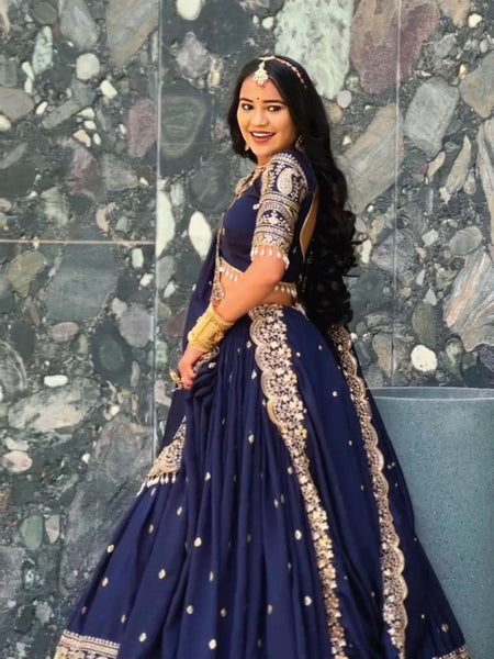Navy Blue Color Heavy Thread with Sequins Work  Designer Lehenga Choli