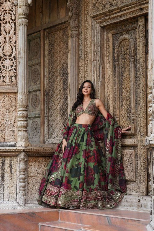 Green Color  with Digital Printed Thread with Sequins Work Lehenga Choli