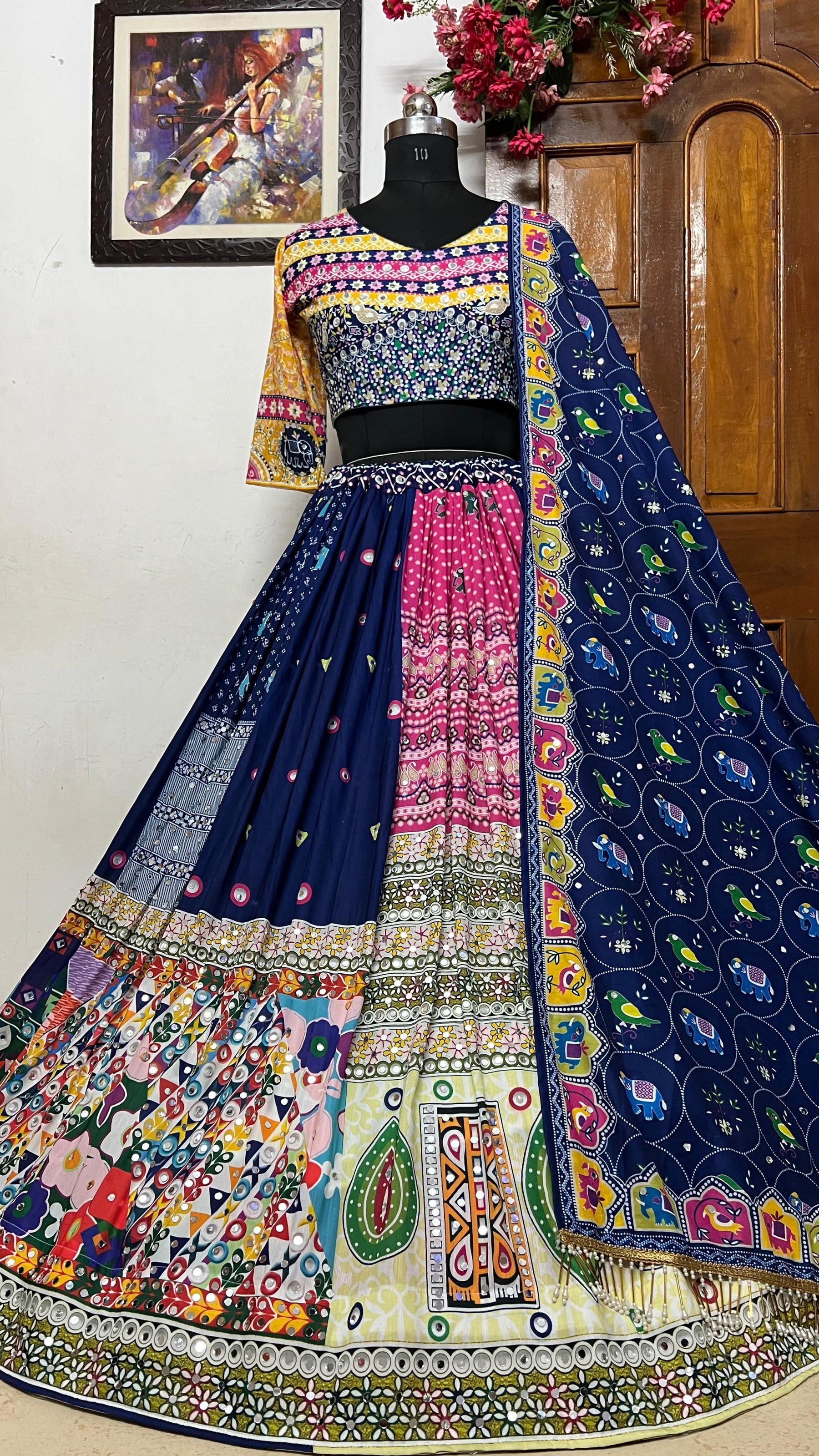 Blue  Color Muslin  With Digital Print Real Mirror Work Lehenga Choli
