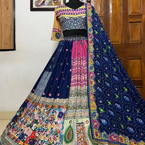 Blue  Color Muslin  With Digital Print Real Mirror Work Lehenga Choli