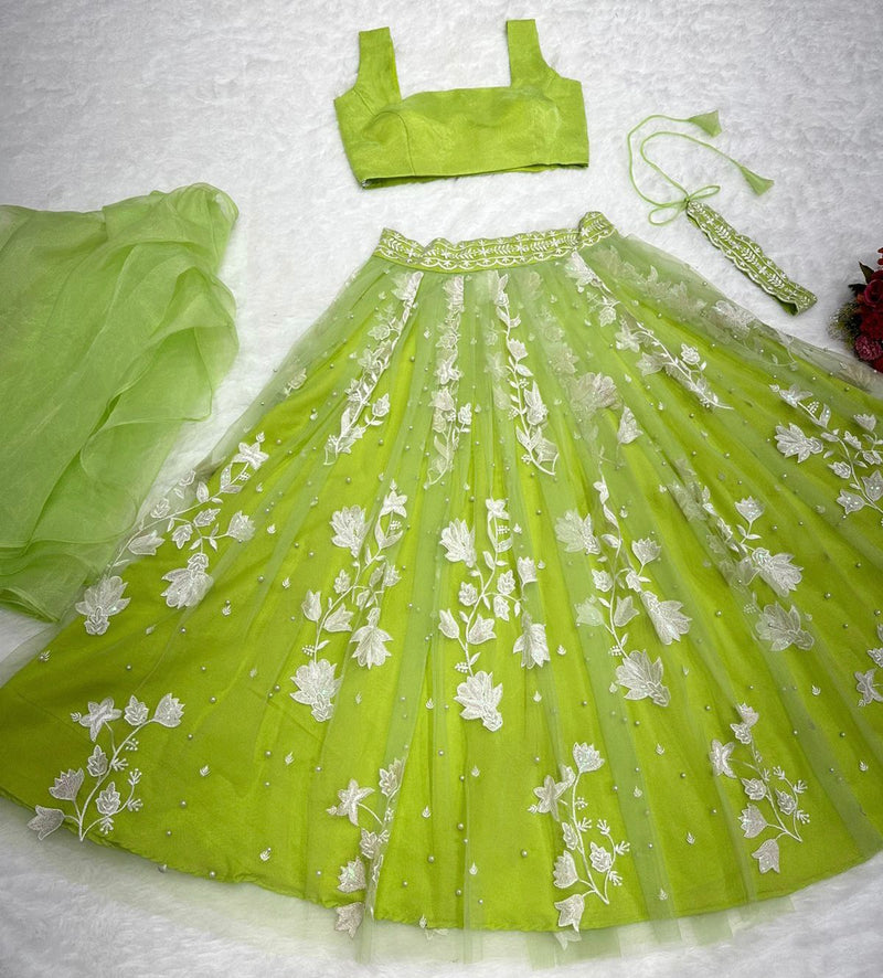 Green Color Soft Net Embroidered Designer Lehenga