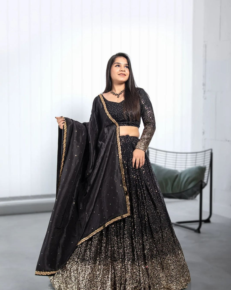 Black Color Fox Georgette Premium Thread With Sequence Worked Lehenga Choli Set
