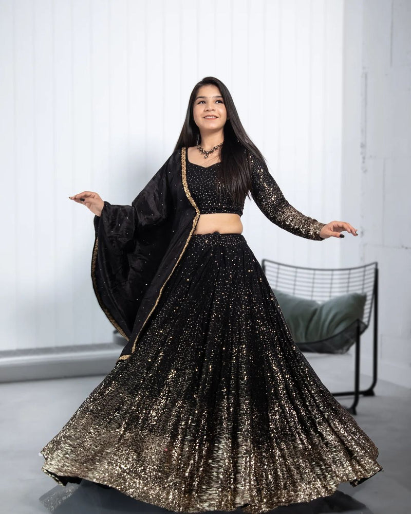 Black Color Fox Georgette Premium Thread With Sequence Worked Lehenga Choli Set
