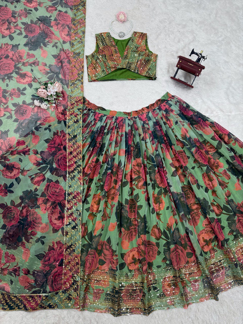 Green Color  with Digital Printed Thread with Sequins Work Lehenga Choli