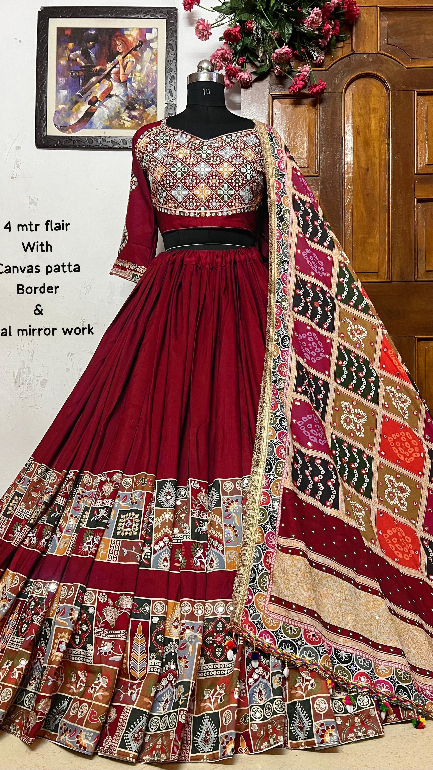 Red Color Mirror Work Digital Printed Lehenga Choli