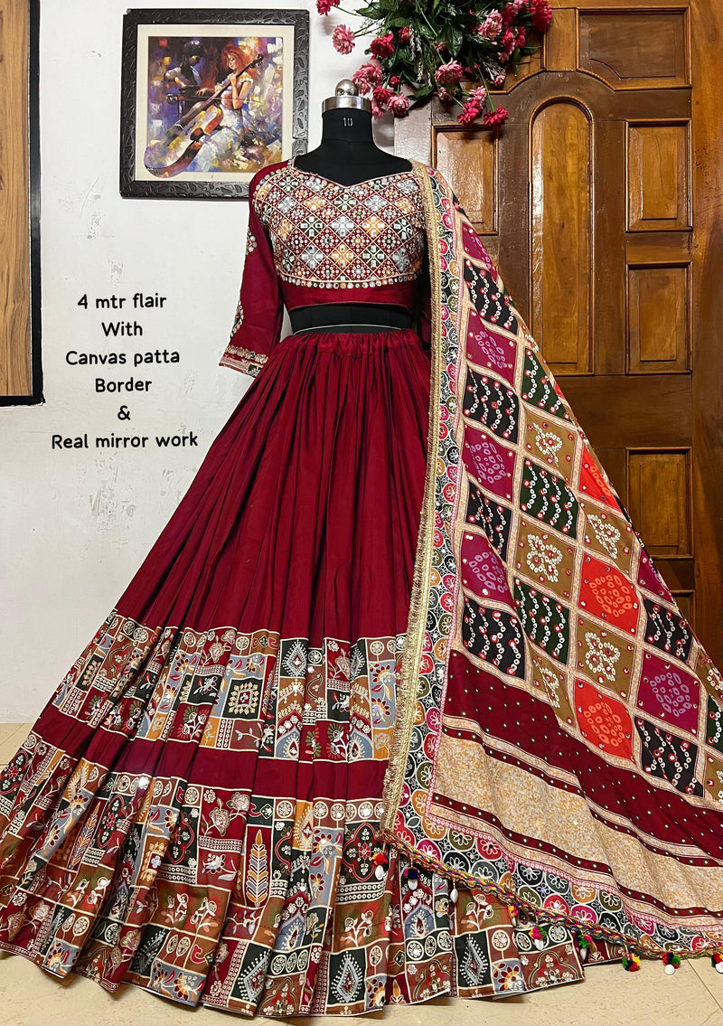 Red Color Mirror Work Digital Printed Cotton Lehenga Choli