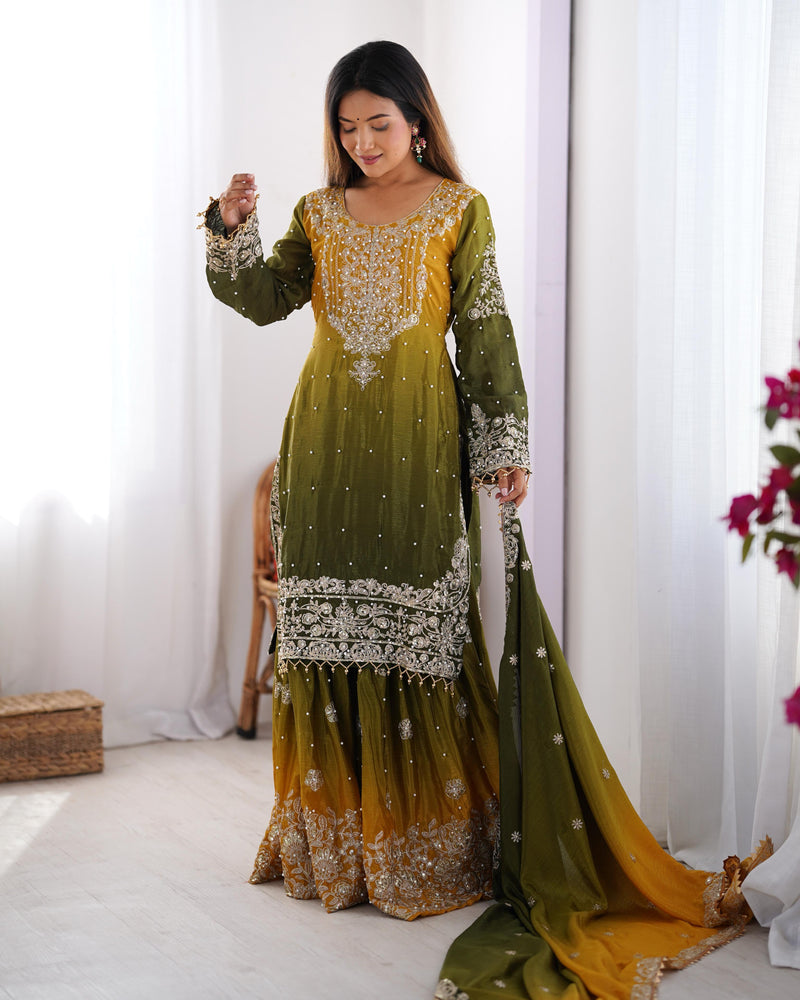 Green Color Codeing Dori with Sequins Work Sharara Suit