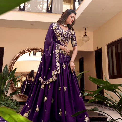 Dark Purple Color Sequins with Embroidery Work  Designer Lehenga Choli