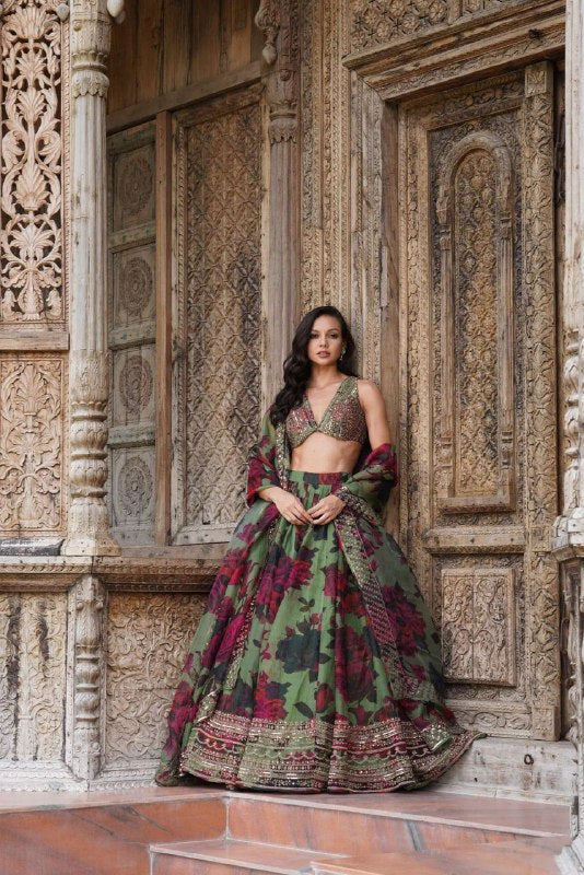 Green Color  with Digital Printed Thread with Sequins Work Lehenga Choli