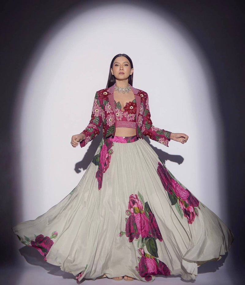 Gauahar Khan Styled Western Type Printed Lehenga With Heavy Jacket And Blouse