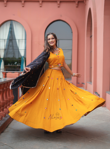 Yellow Color Cotton Mirror Work Navratri Designer lehenga Choli