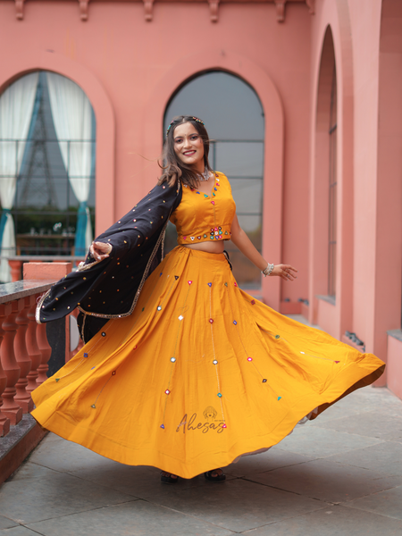 Yellow Color Cotton Mirror Work Navratri Designer lehenga Choli