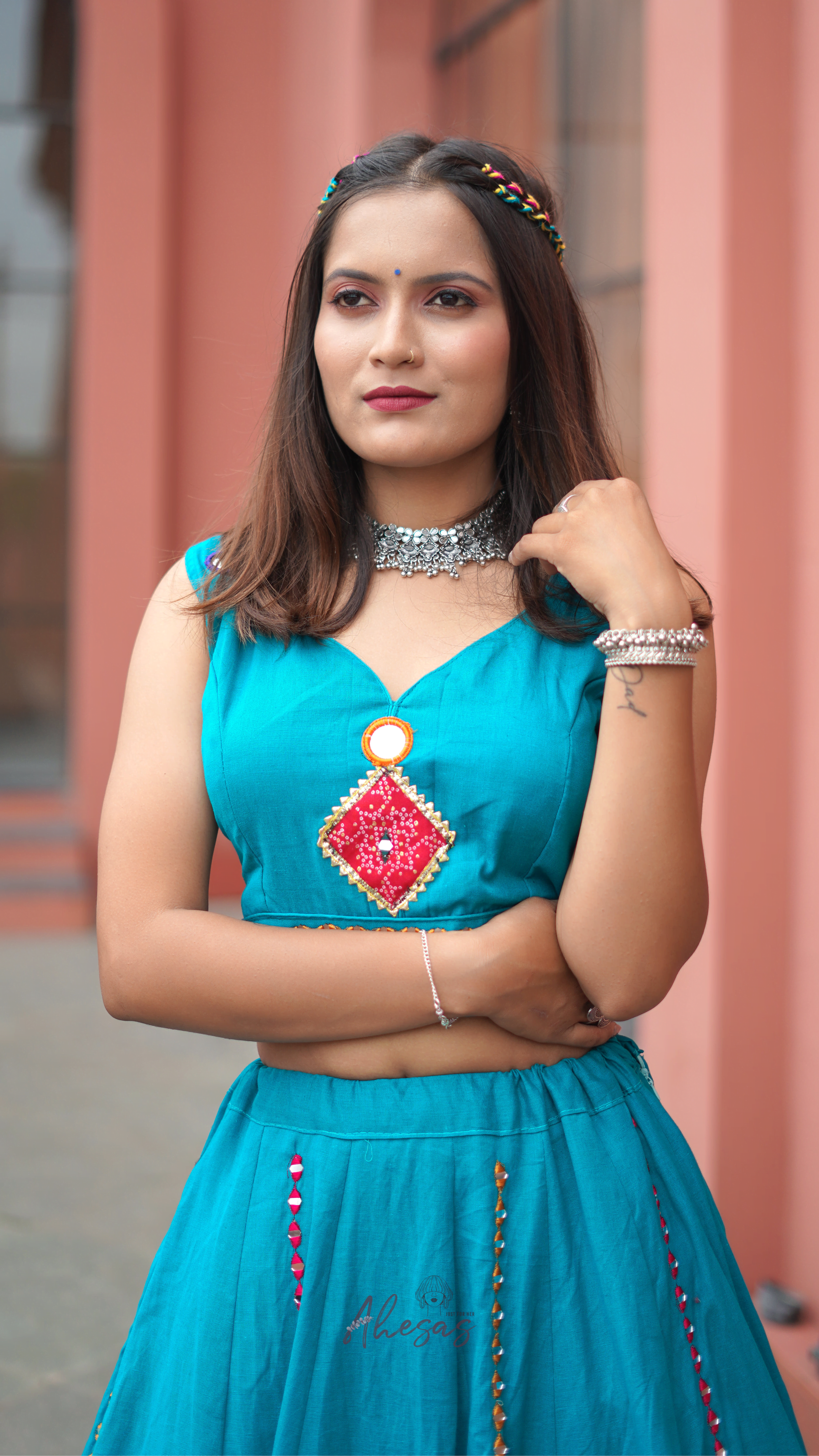 Rama Blue Color Khadi Cotton Navratri Lehenga Choli