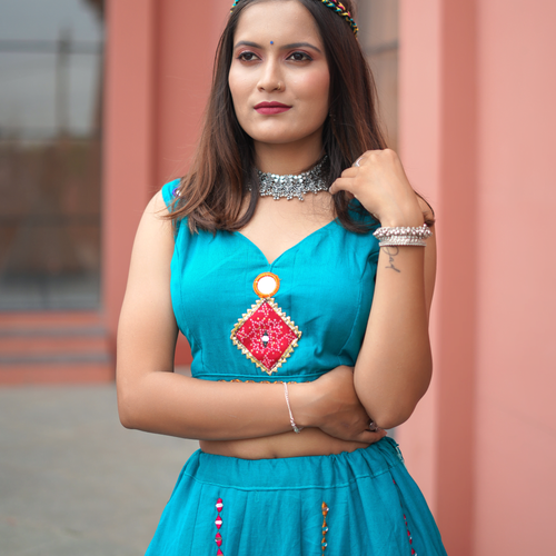 Rama Blue Color Khadi Cotton Navratri Lehenga Choli