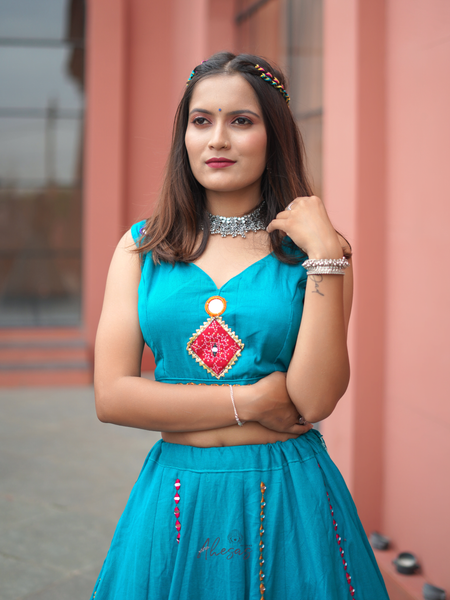 Rama Blue Color Khadi Cotton Navratri Lehenga Choli