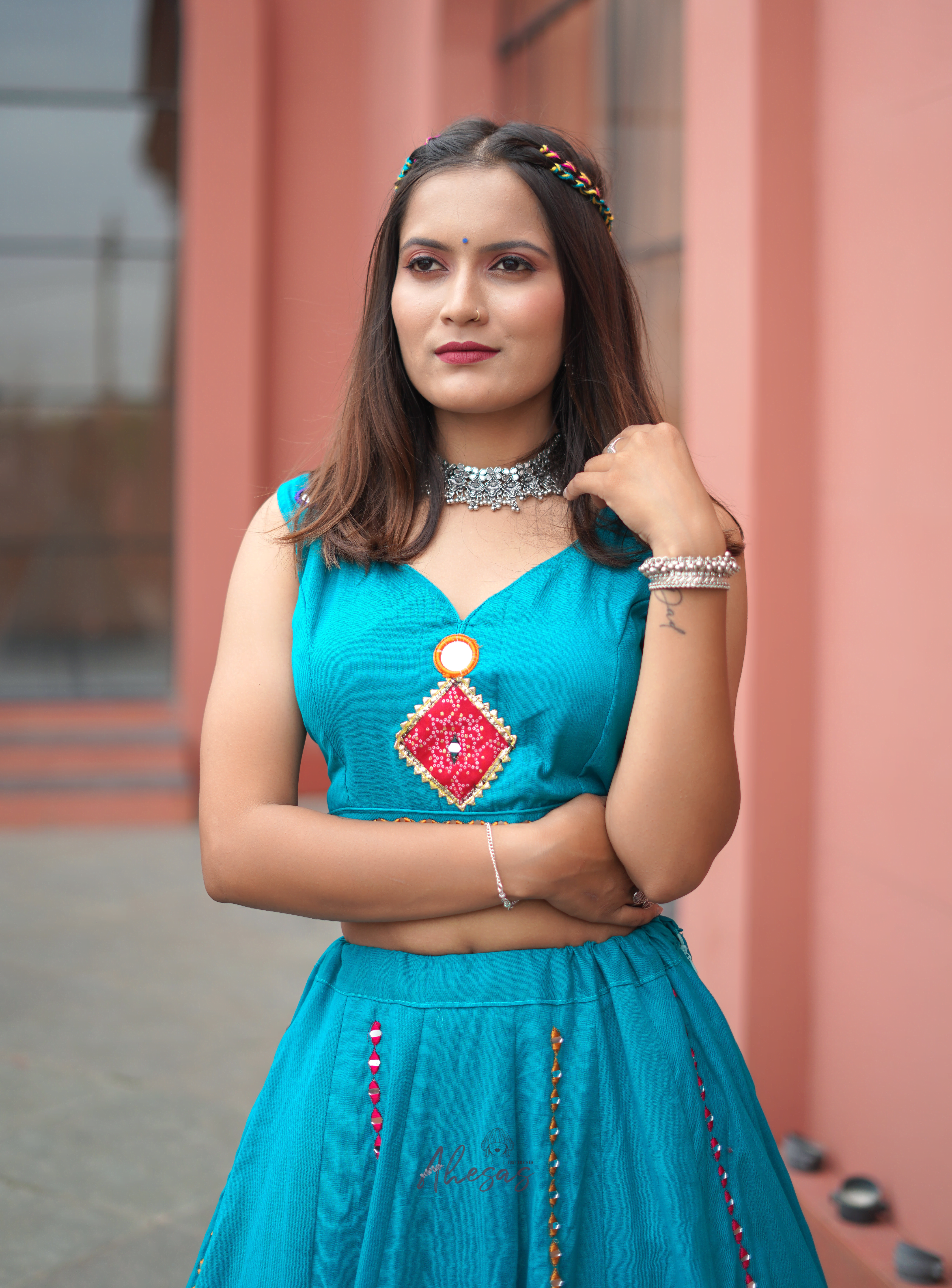 Rama Blue Color Khadi Cotton Navratri Lehenga Choli