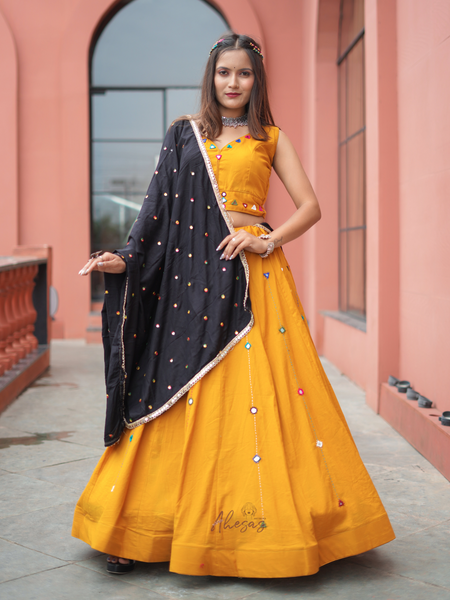 Yellow Color Cotton Mirror Work Navratri Designer lehenga Choli
