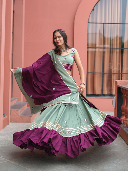 Purple-Green Color Hand Work Mirror Work Navratri Lehenga Choli