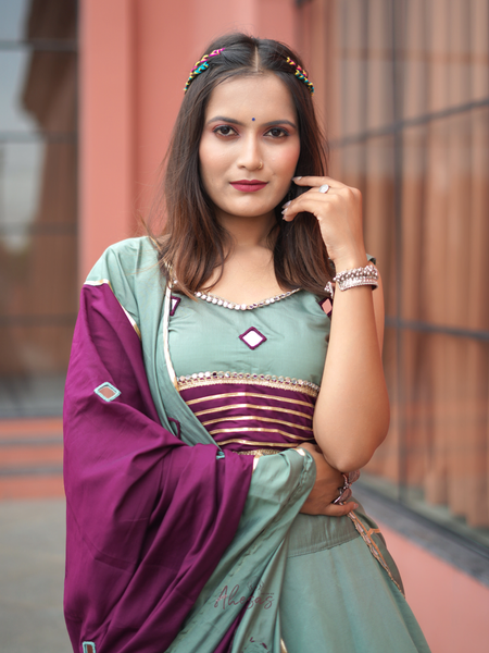 Purple-Green Color Hand Work Mirror Work Navratri Lehenga Choli