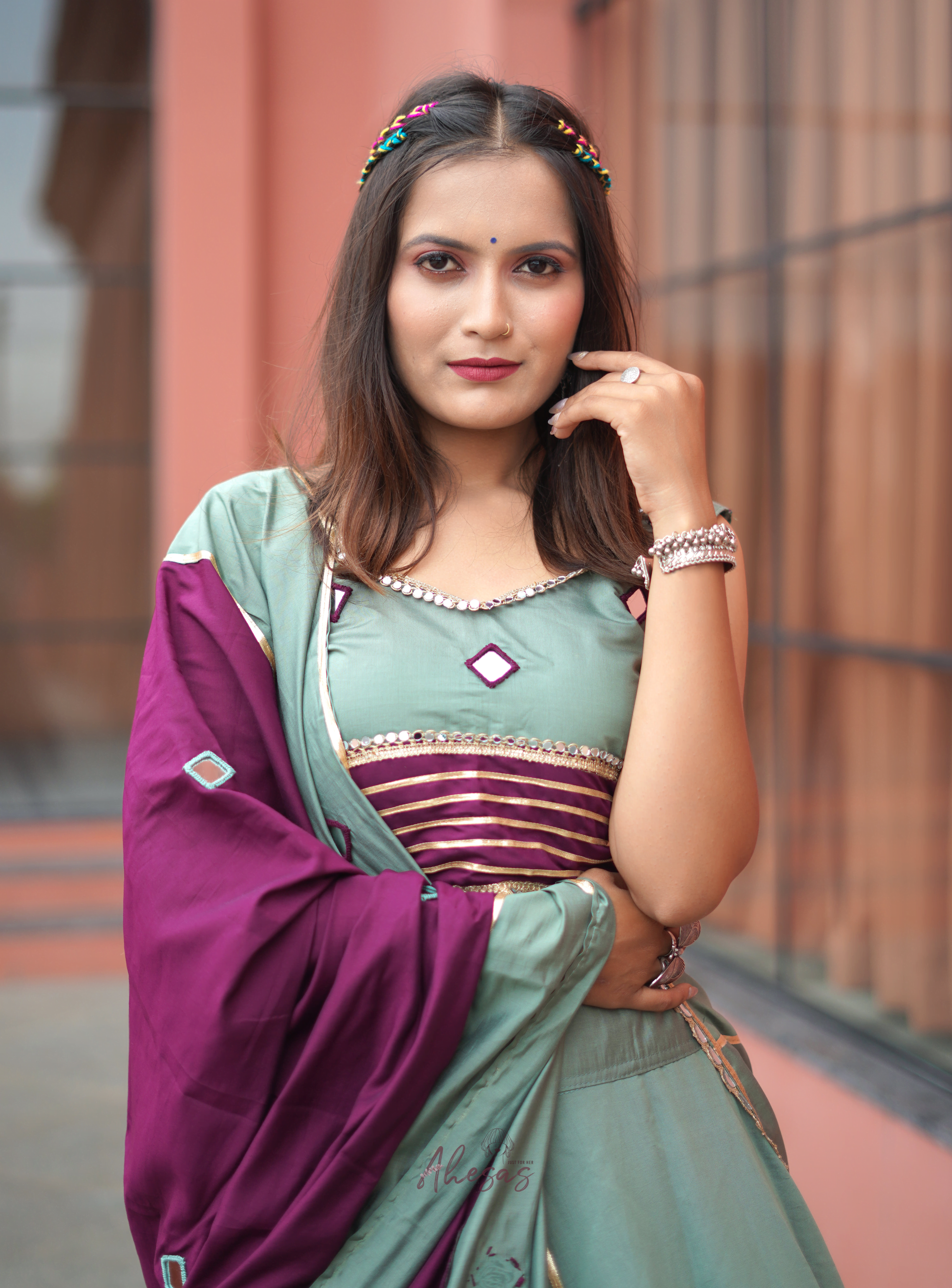 Purple-Green Color Hand Work Mirror Work Navratri Lehenga Choli