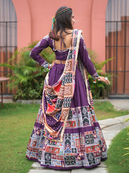 Purple Color Digital Printed Mirror Work Navratri Lehenga Choli