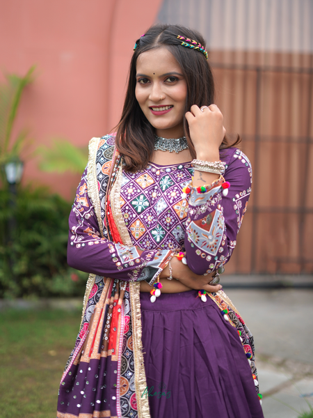 Purple Color Digital Printed Mirror Work Navratri Lehenga Choli