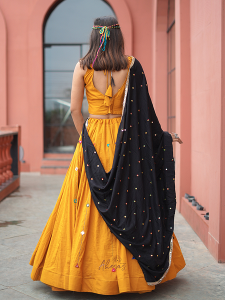 Yellow Color Cotton Mirror Work Navratri Designer lehenga Choli