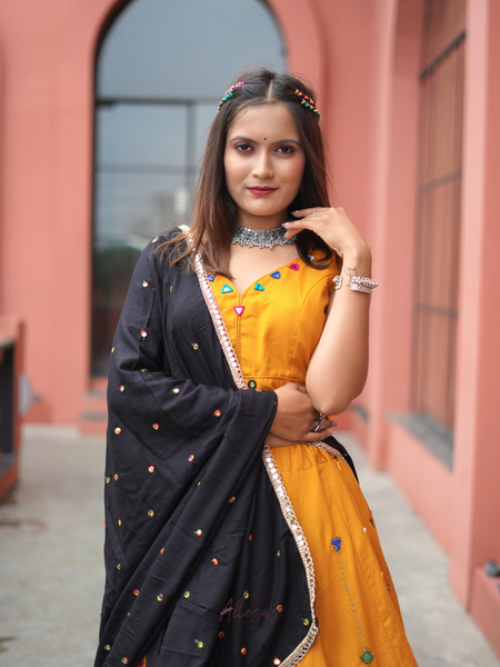 Yellow Color Cotton Mirror Work Navratri Designer lehenga Choli