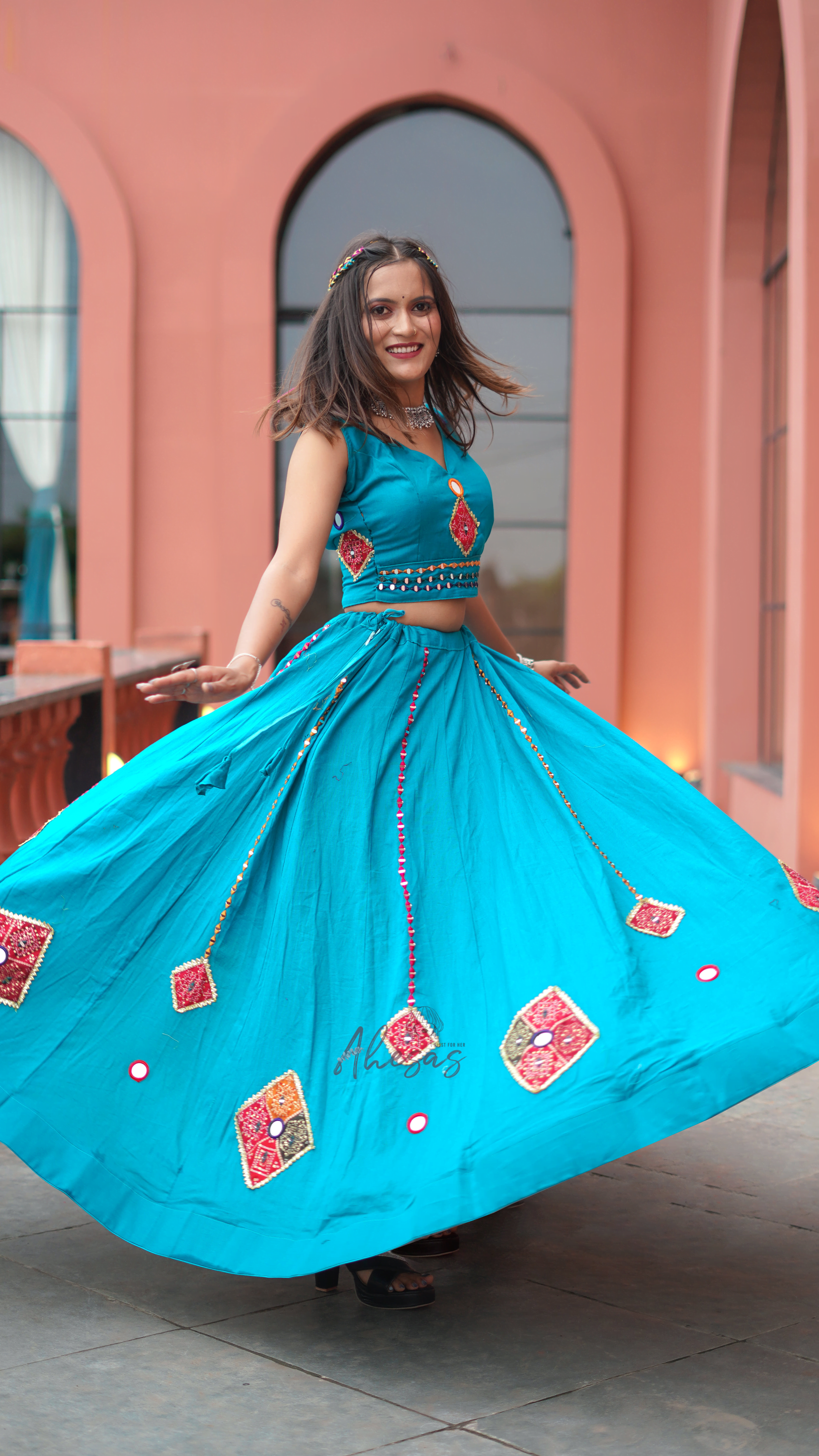 Rama Blue Color Khadi Cotton Navratri Lehenga Choli