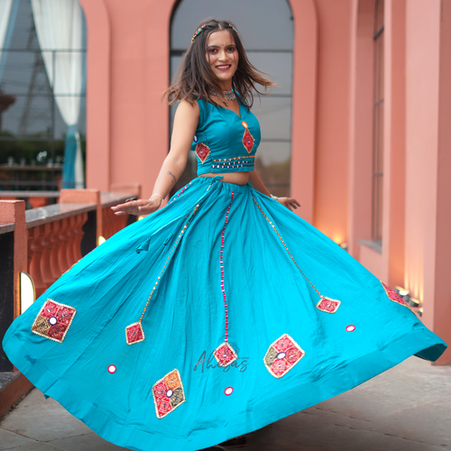 Rama Blue Color Khadi Cotton Navratri Lehenga Choli