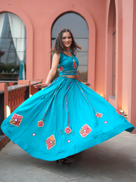 Rama Blue Color Khadi Cotton Navratri Lehenga Choli