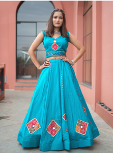 Rama Blue Color Khadi Cotton Navratri Lehenga Choli