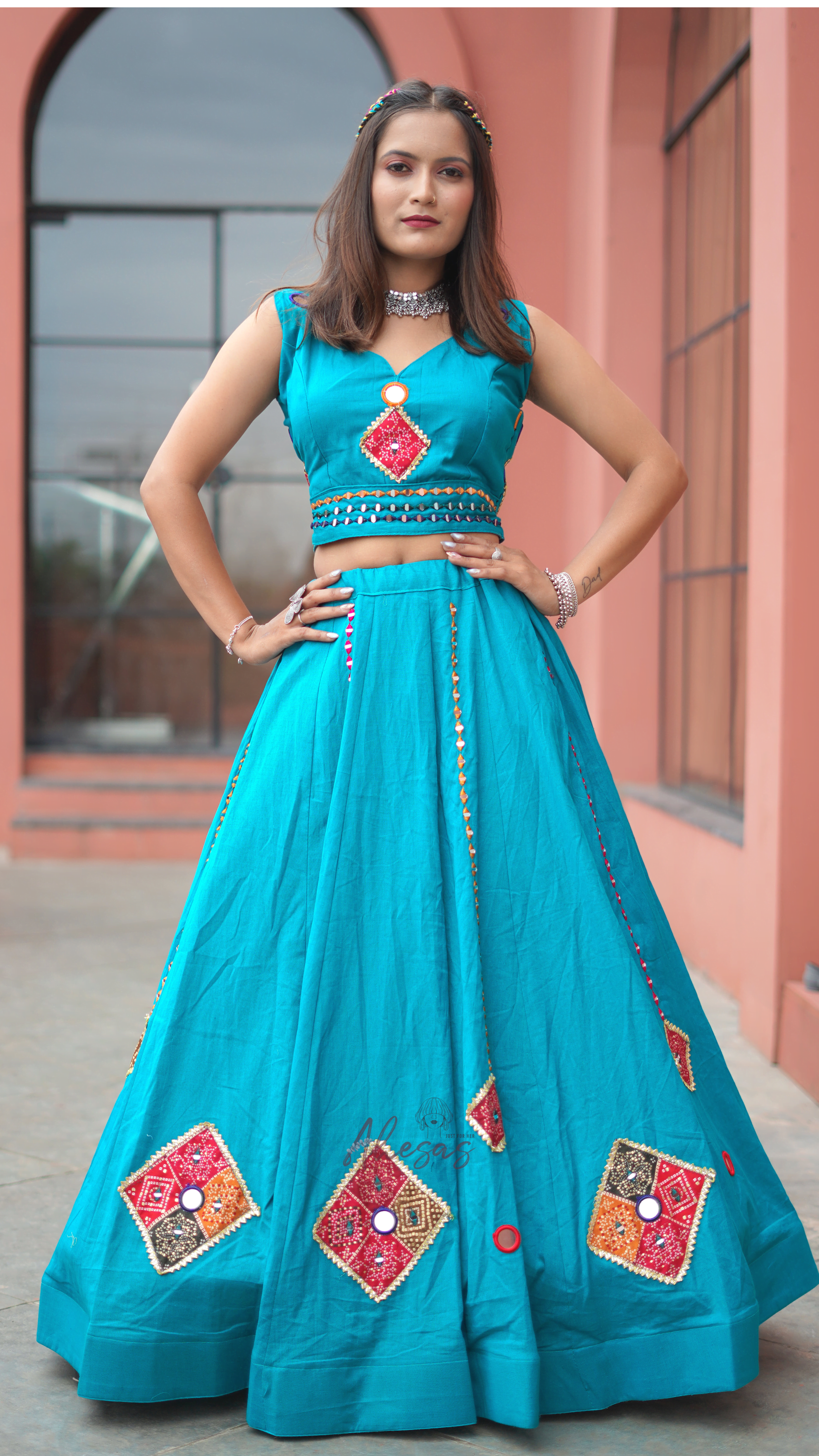 Rama Blue Color Khadi Cotton Navratri Lehenga Choli