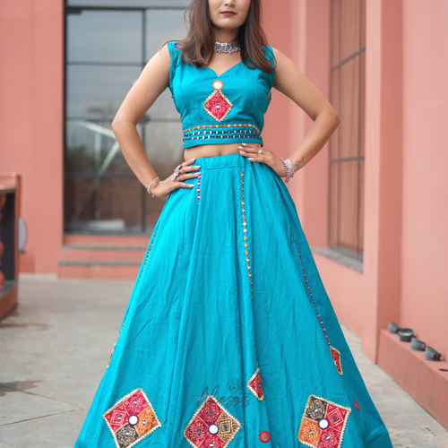 Rama Blue Color Khadi Cotton Navratri Lehenga Choli