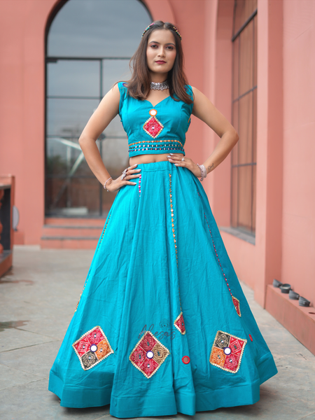 Rama Blue Color Khadi Cotton Navratri Lehenga Choli