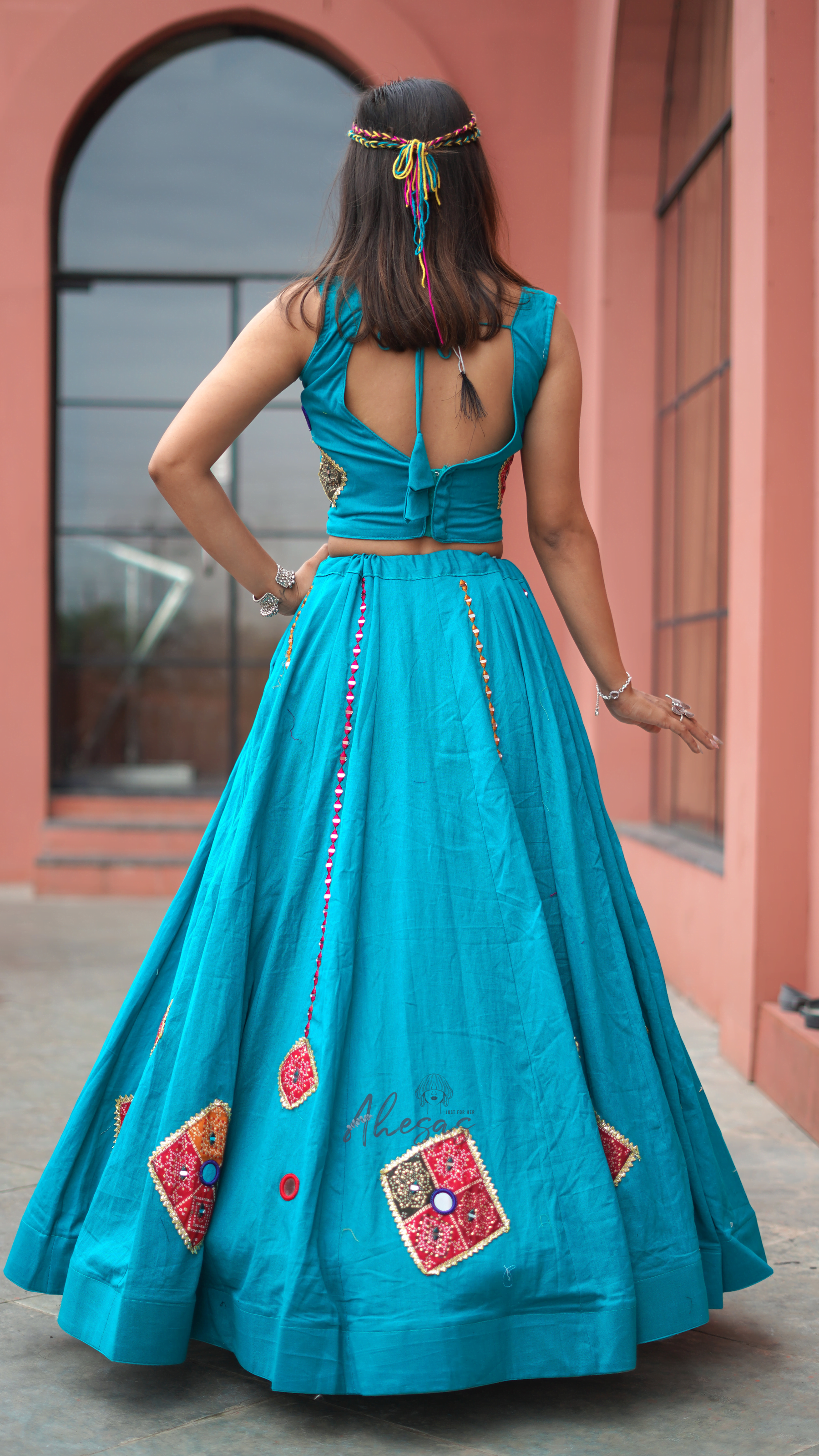 Rama Blue Color Khadi Cotton Navratri Lehenga Choli